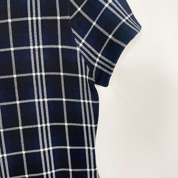 Theory Large Navy Blue Black Branteen JP Lustrate Knit Plaid Dress Short Sleeve - Picture 5 of 9